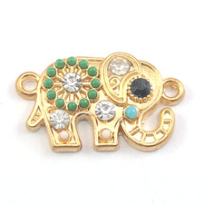 gold colour elephant shaped jewelry connector charms with black, clear and green rhinestones