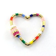heart shaped jewerly pendant with a carabiner screw. Gold colour with multi coloured stripes