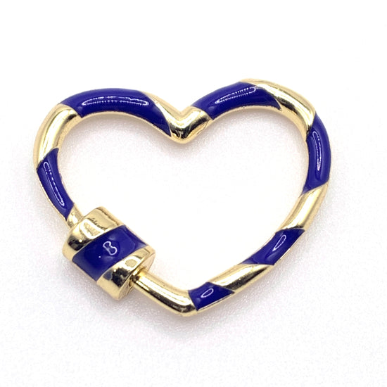 blue and gold heart shaped jewelry pendant with a screw carabiner on the side