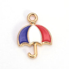 red, white, blue and gold jewelry charm shaped like an umbrella