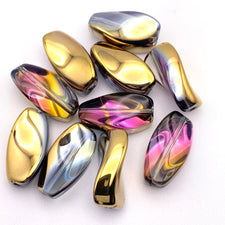 Purple and golded colour twisted shaped jewelry beads with a rainbow AB finish