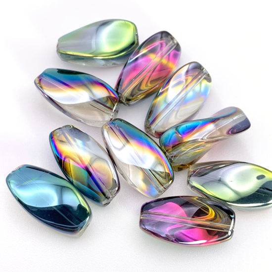 multi coloured glass beads that are are a twisted shape