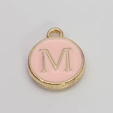 Pink Enamel M Letter Initial Pendant Charms, 2 Sided, 14mm - 5 pack