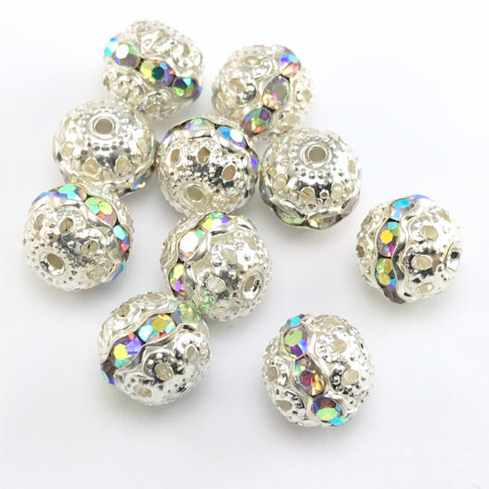 10 round silver beads with ab rhinestones