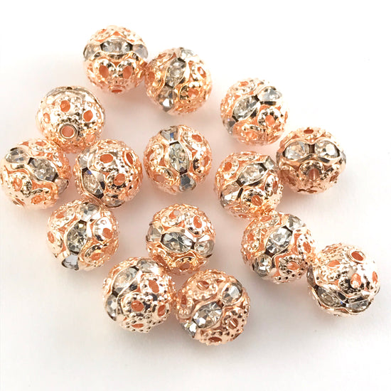 8mm Round Rose Gold Metal Beads With Rhinestones - 15 Pack