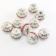 round silver beads with red rhinestones