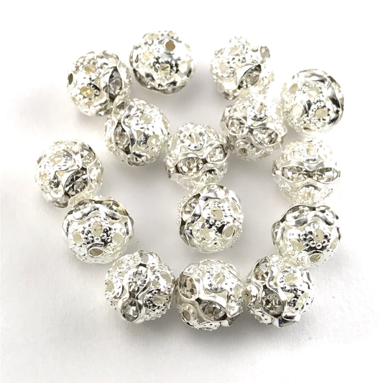 round silver colour beads with clear rhinestones